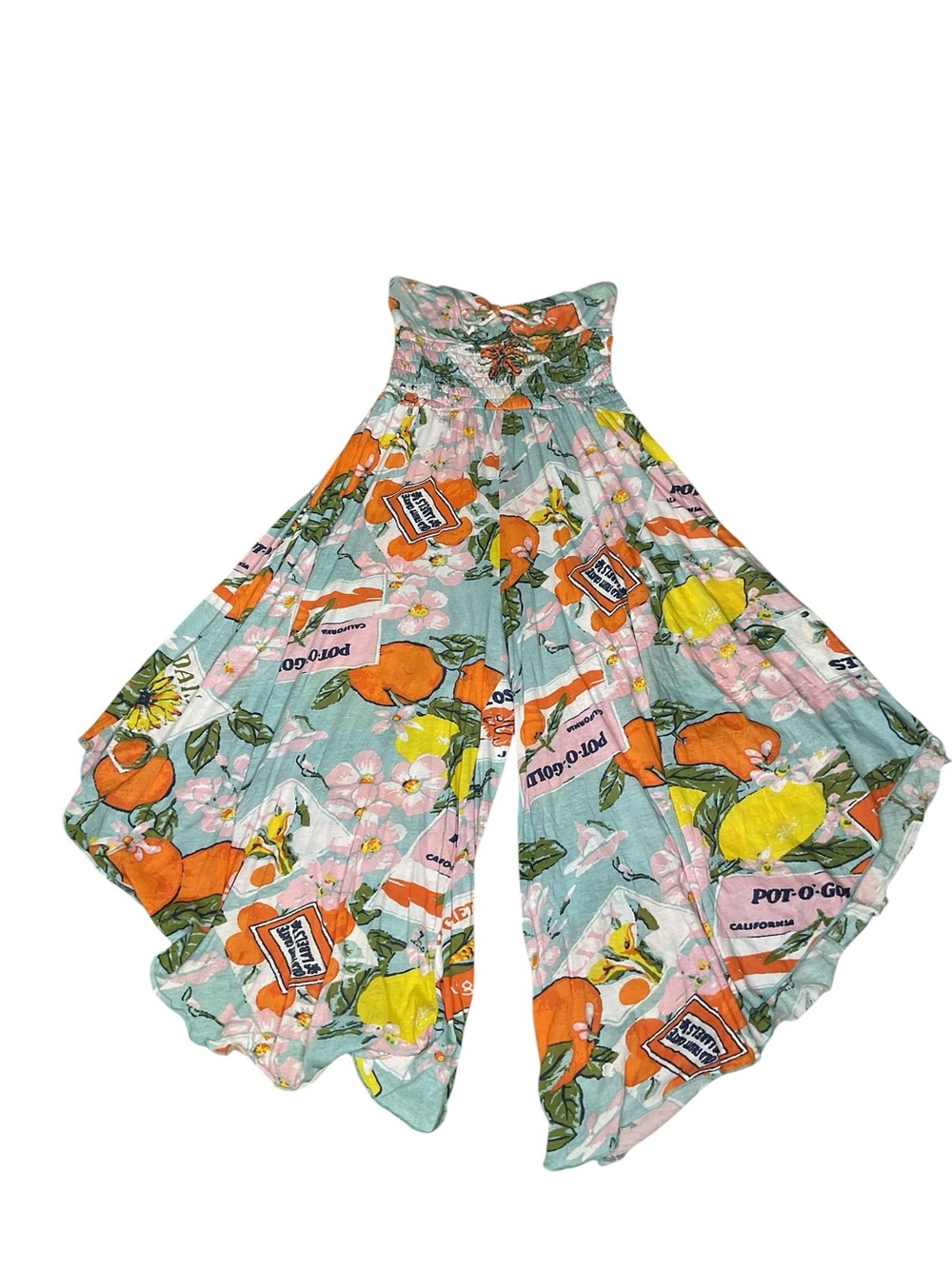 Boho Strapless Harem Jumpsuit Romper Fruit Print Smocked Palazzo One Size Est. S - Picture 2 of 6